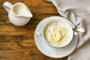 Sweet milk noodles, children menu, rustic style