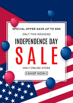 Poster for Independence Day sale. Color background with air balloons. American Independence Day celebration flyer. Vector illustration with USA flag.