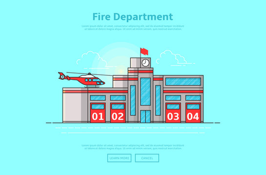 Concept of fire department. Color vector illustration in linear style with fire station building.