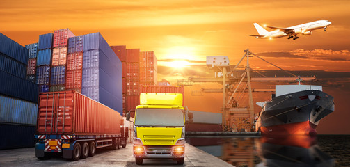 Logistics and transportation of Container Cargo ship and Cargo plane with working crane bridge in...