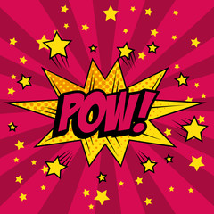 Comic like pow pop art with stars sign over magenta striped background vector illustration