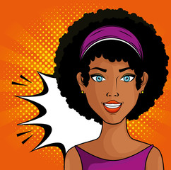 Afro american woman comic like pop art icon over orange background with yellow dots vector illustration