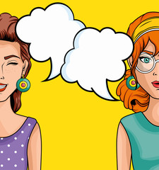 Women comic like pop art icon with speech balloons over yellow background vector illustration