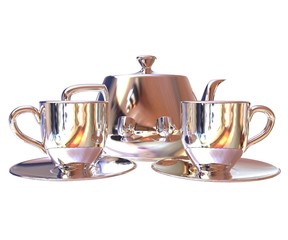 Chrome Teapot and mugs. 3d illustration