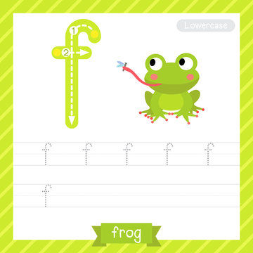 Letter F lowercase tracing practice worksheet with frog for kids learning to write. Vector Illustration.