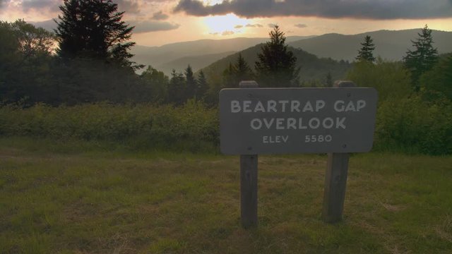 Beartrap Gap Overlook Landscape with Signage on the Blue Ridge Parkway at Sunrise Viewing Over the Appalachian Mountain Layers of Western North Carolina