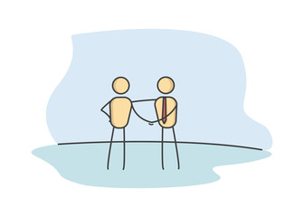 Stick figures shaking hands, Business handshake between 2 people representing a deal or success. Vector illustration