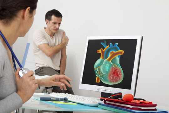 Models On screen, drawing representing a myocardial infarction