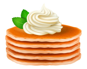 Pancakes with cream and mint leaves. Vector illustration.