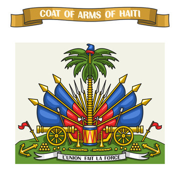 Vector illustration on theme Haitian Coat of Arms, heraldic shield on national state flags - Emblem of Haiti, on ribbon title text: coat of arms of haiti, haitian official heraldry, symbolic emblem.
