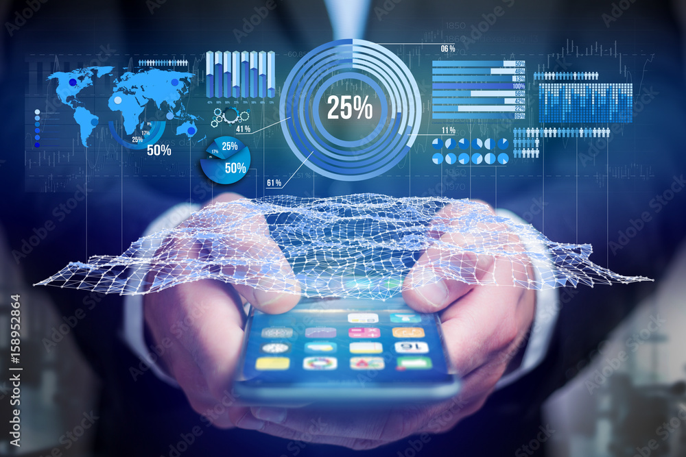 Poster business stats displayed as graph and chart on a futuristic interface - business concept