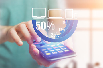 Blue survey graph interface with business theme going out a smartphone - Technology concept