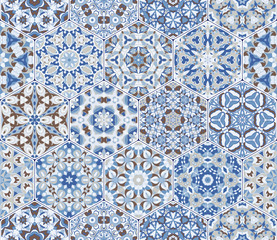 A rich set of hexagonal ceramic tiles in shades of blue and brown. Colorful elements in oriental style. Vector illustration.