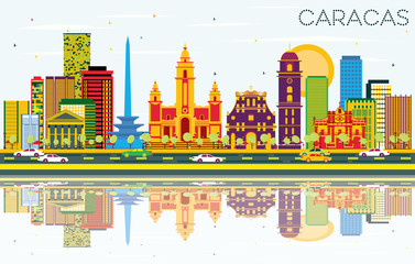 Naklejka premium Caracas Skyline with Color Buildings, Blue Sky and Reflections.