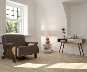 White room with armchair and green landscape in window. Scandinavian interior design. 3D illustration