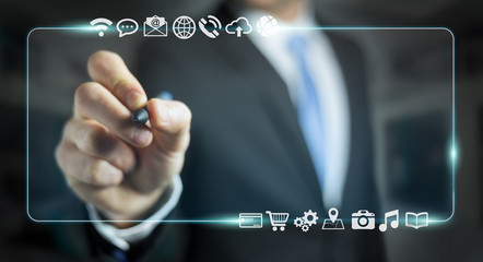 Businessman surfing on internet with digital tactile interface 3D rendering