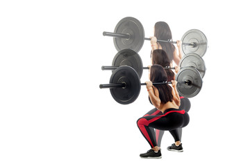 Technique of correct execution of the squat with a bar made by a young sporty woman fitness model...