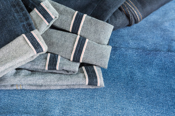 stack of fold hem red selvedge japan vintage style denim