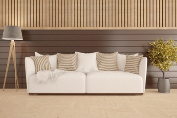 Wooden modern room with sofa. Scandinavian interior design. 3D illustration