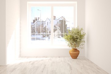 White empty room with winter landscape in window. Scandinavian interior design. 3D illustration