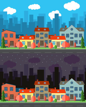 Vector city with five one and two-story cartoon houses in the day and night. Summer urban landscape. Street view with cityscape on a background

