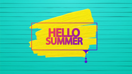 Hello Summer Vector Background, Label on Colorful Wooden Floor.