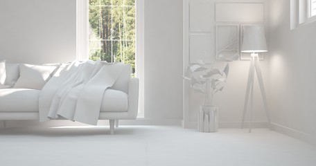 White room with sofa and green landscape in window. Scandinavian interior design. 3D illustration