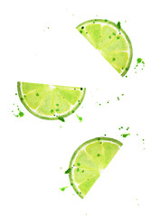 Fototapeta na wymiar Lime slice with splashes isolated on white background. Watercolor food illustration, art painting