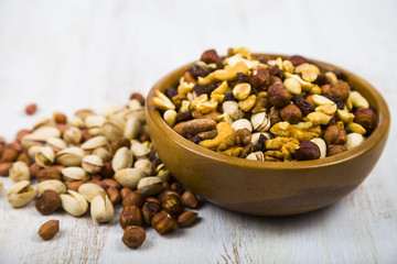 Nuts in a wooden bowl  on a  wooden table