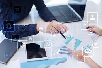 Virtual screen interface with applications icons. APPS. Work Business process in modern office....