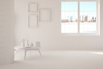 White room with table. Scandinavian interior design. 3D illustration