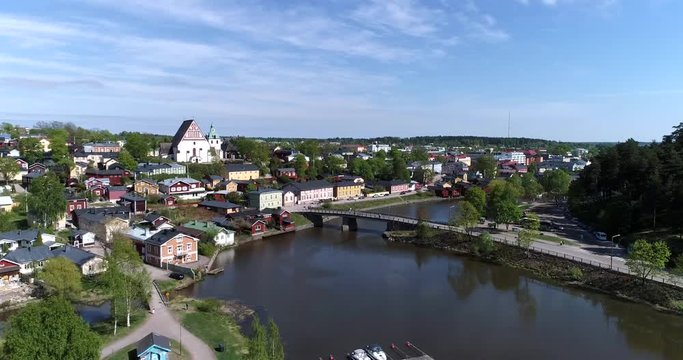 Porvoo, Cinema 4k aerial landing view above porvoonjoki and of old town Borg&aring;, Uusimaa, Finland