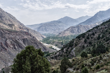 Naklejka premium Mountain landscape, Valley, Shahimardan settlement enclave in Kyrgyzstan
