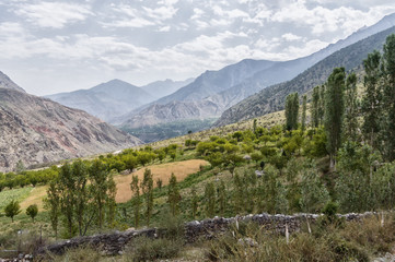 Fototapeta na wymiar Mountain landscape, Valley, Shahimardan settlement enclave in Kyrgyzstan