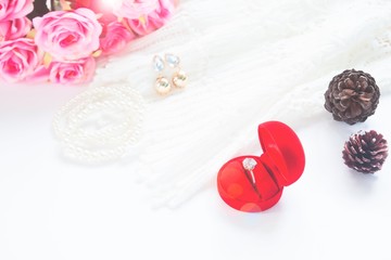 Wedding concept, Selective focus on diamond ring in red box