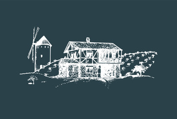 Sketch of village with windmill, fields and peasants house. Vector rural landscape illustration.