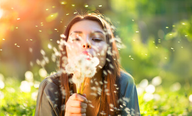 Fototapeta premium Piękna młoda kobieta leżąc na polu w zielonej trawie, dmuchanie mlecze i uśmiechnięte