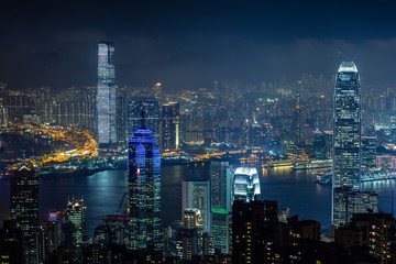 Fototapeta na wymiar Aerial view from Victoria peak to skyscrapers of Hong Kong and new territories, Hong Kong, China