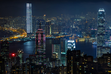 Aerial view from Victoria peak to skyscrapers of Hong Kong and Kowloon islands, Hong Kong, China
