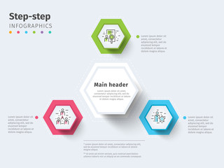 Business 3 step process chart infographics with step circles. Bright corporate graphic elements. Company presentation slide template. Modern vector info graphic layout design.