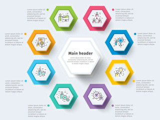 Business 8 step process chart infographics with step circles. Bright corporate graphic elements. Company presentation slide template. Modern vector info graphic layout design.