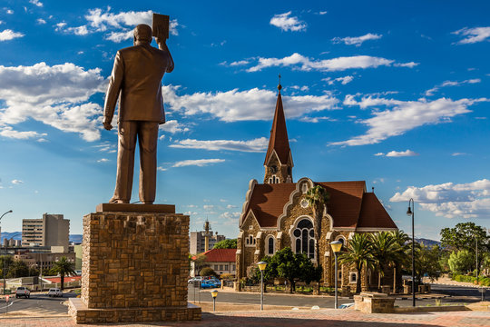 First Namibian President Monument And Luteran Christ Church In The Center Of Windhoek, Namibia