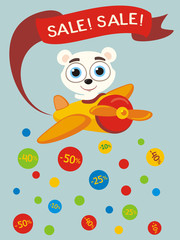 Poster seasonal sale. Funny polar bear in cartoon style flies and scatters discounts. Banner for sale of children products with little polar bear.