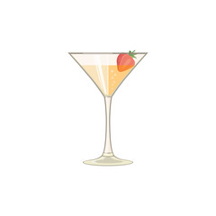 Glass with iced beverage. Juice, wine or cocktail with strawberry, icon. Abstract concept. Flat design. Vector illustration on white background.