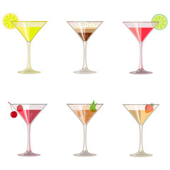 Glasses, set of the beverages, juices, cappuccino, iced tea, smoothie. Icons, abstract concept. Flat design. Vector illustration on white background.