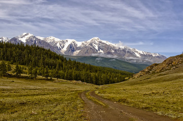 Fototapeta na wymiar Altai mountain road dirt. in the background snow-white peaks. The photo was taken during a cycling trip through the Altai in the summer in August. Russia.