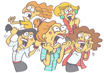 Funny vector cartoon with group of women in panic and horror