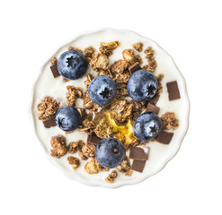 Naklejka na ściany i meble Bowl of Yogurt with Blueberries, Muesli and Honey Isolated on White Background, Top View