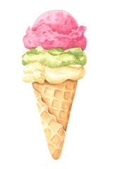 Watercolor ice cream in waffle cone, isolated on white background. Hand drawn illustration.