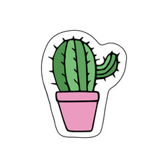 Cute little cacti in pink plant pot. Vector illustration doodle cartoon drawing. Isolated sticker icon.